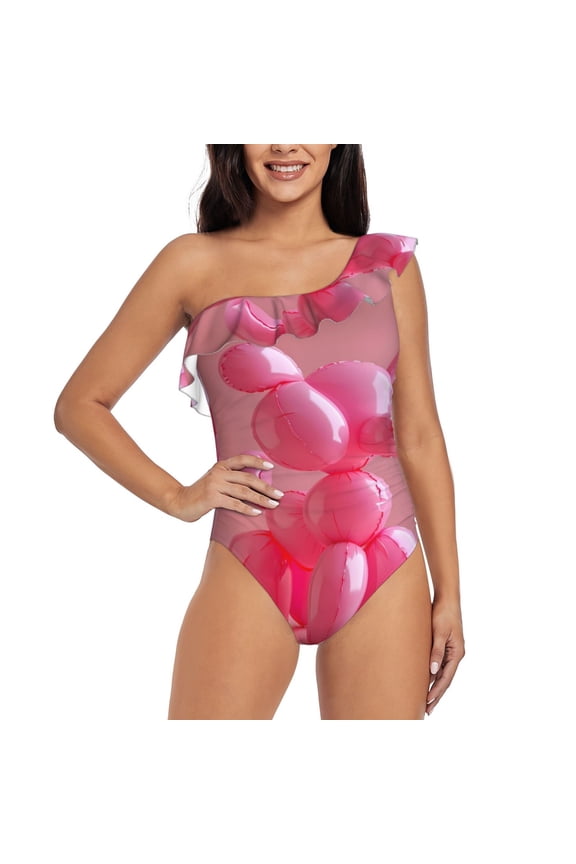 Pink Balloon Puppy Art Pattern Women One Piece Swimsuits Tummy Control One Shoulder Bathing Suits Ruffle Swimwear-X-Large