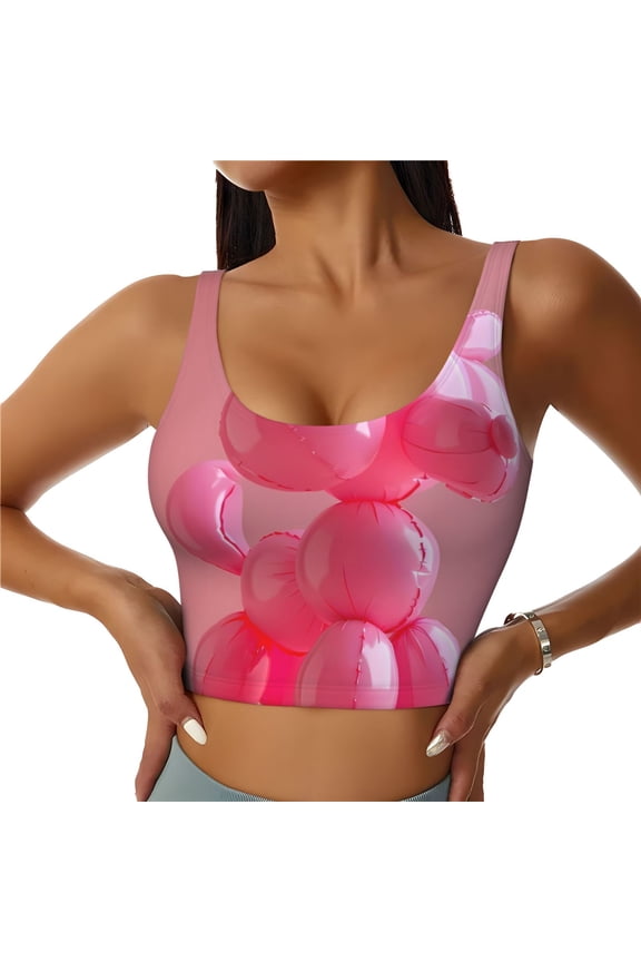 Pink Balloon Puppy Art Print Womens' Sports Bras Scoop Neck Sports Vest- Padded U Back Seamless High Impact Support-Medium