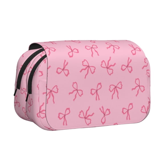 Rateoe Pink Bows Pattern Double Clamshell Pen Case, Storage Organizer with Two Zipper Compartments– Holds Up to 50 Pencils & Pens