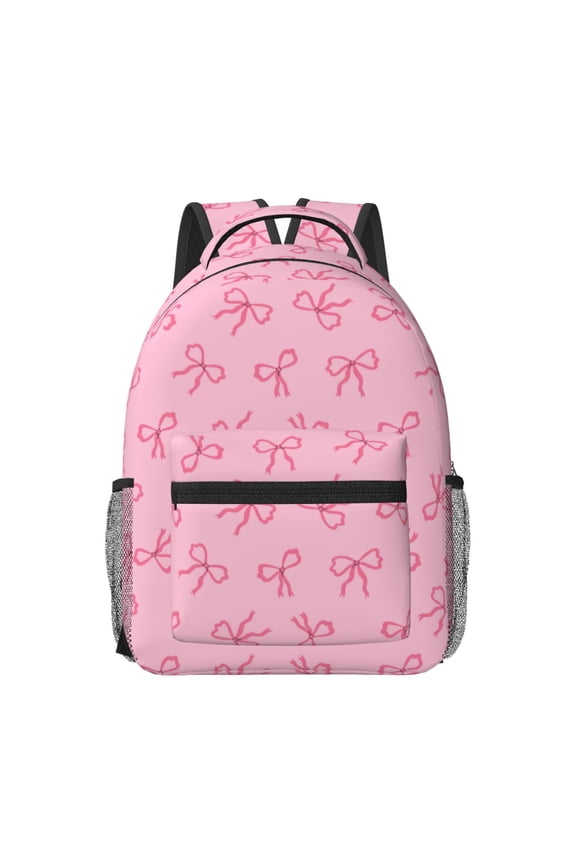 Pink Bows Pattern Durable Student Backpack Laptop Bag- Ergonomic Design, Waterproof Twill Fabric - Ideal for School, Travel, and Outdoor Activities-One Size