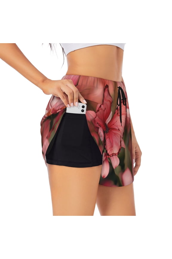 Pink Butterfly Printed 2 in 1 Women's Workout Shorts for Athletic Gym Running Shorts with Phone Pockets-