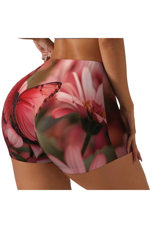 Pink Butterfly Printed Power Workout Shorts for Women Tummy Control Squat Proof Ribbed Thick Seamless Scrunch Active Short-Small