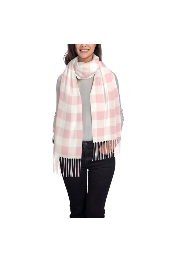 Pink Checkboard Women's Traditional Scarf Wrap Tassel Shawl Fringes Neck Head Shawl Retro Scarf