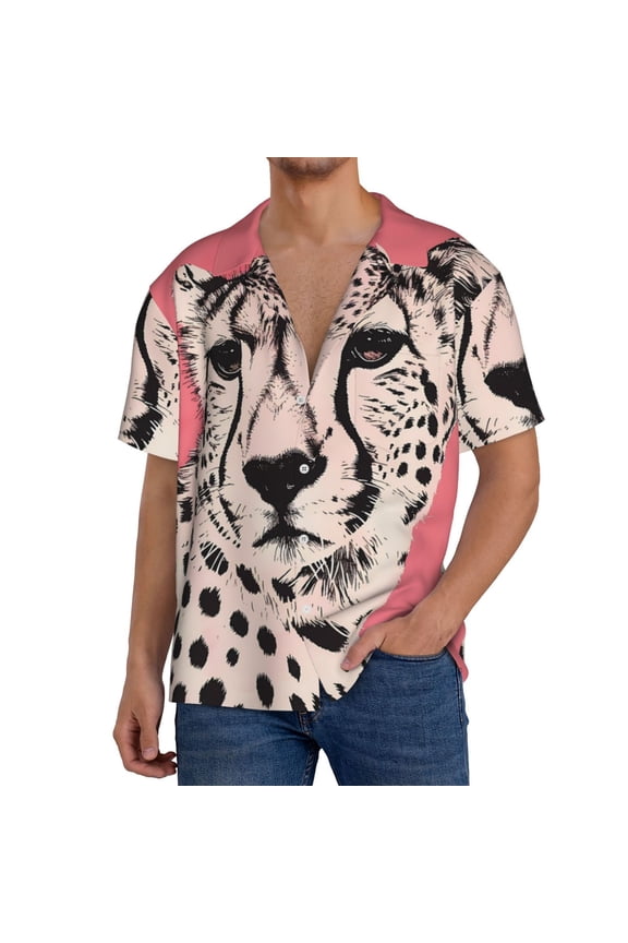Pink Cheetah Art Pattern Men's Short Sleeve Classic Shirt, Casual Short-Sleeved Shirt, Lightweight Summer Shirt, Cuban Collar Shirt,Button-Front Shirt-Large