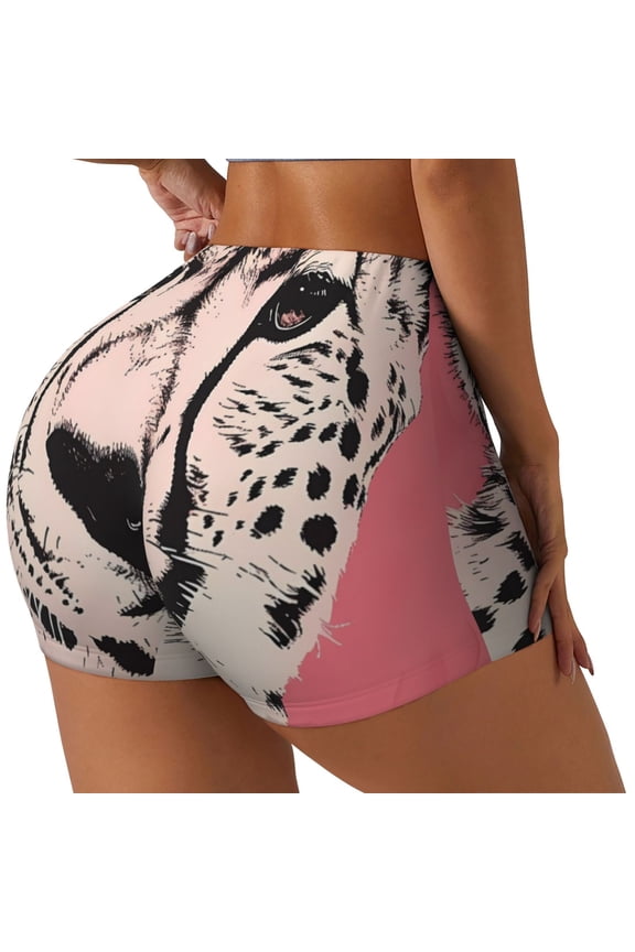 Pink Cheetah Art Printed Power Workout Shorts for Women Tummy Control Squat Proof Ribbed Thick Seamless Scrunch Active Short-Medium
