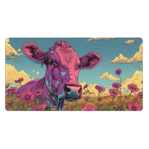 Rateoe Pink Cow In Sunflower Field Print Mouse Pad - Extended Large Gaming Mousepad,Non-Slip Stitched Edge,16x29.5 Inch