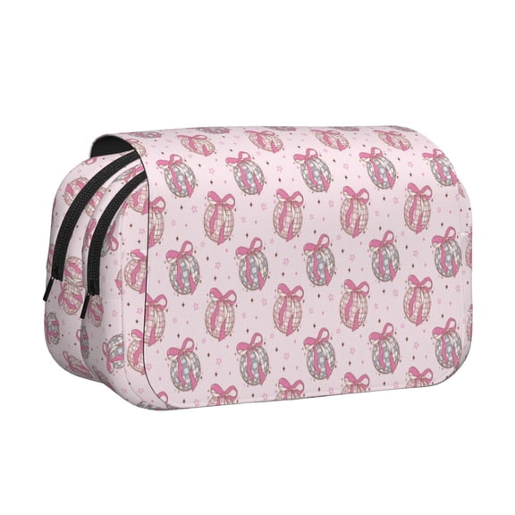 Rateoe Pink Disco Ball Pattern Double Clamshell Pen Case, Storage Organizer with Two Zipper Compartments– Holds Up to 50 Pencils & Pens