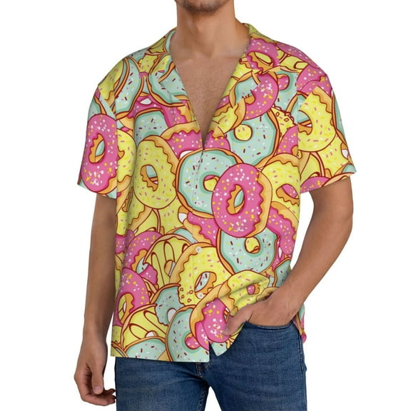 Rateoe Pink Donut and Blue Print Mens Front Pocket Hawaiian Shirts Casual Shirts Short Sleeve Button Down Beach Tropical Shirts-XX-Large