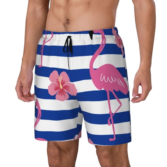 Rateoe Pink Flamingo Pattern Men’s Swim Shorts with Compression Liner – Double-Layered Quick-Dry Swimwear, Comfortable & Stretchy Beach Shorts-Small