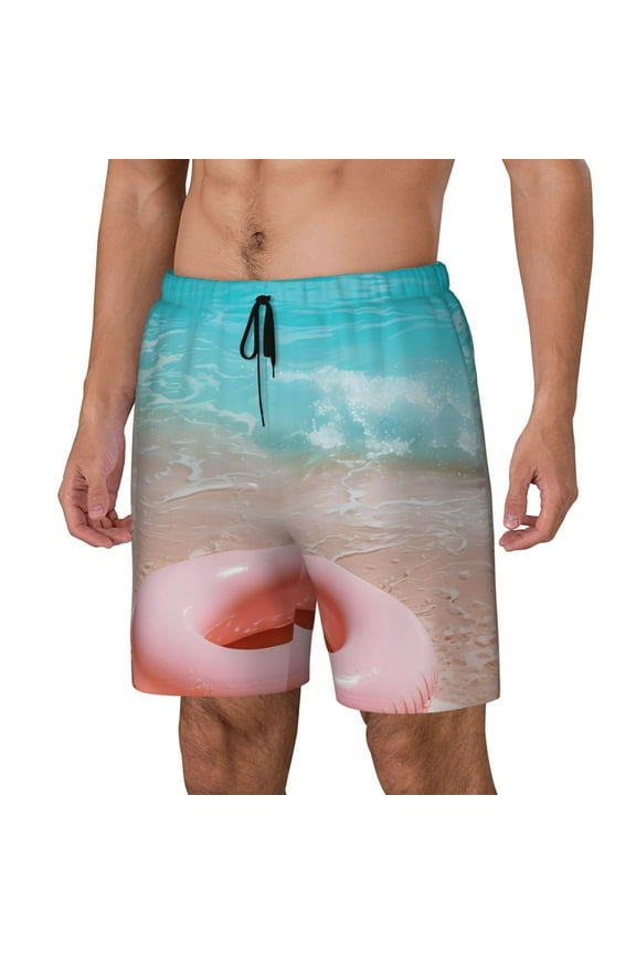 Pink Float Ring On Beach Pattern Men’s Swim Shorts with Compression Liner – Double-Layered Quick-Dry Swimwear, Comfortable & Stretchy Beach Shorts-Large