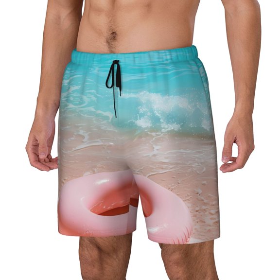 Rateoe Pink Float Ring On Beach Pattern Men’s Swim Shorts with Compression Liner – Double-Layered Quick-Dry Swimwear, Comfortable & Stretchy Beach Shorts-Small