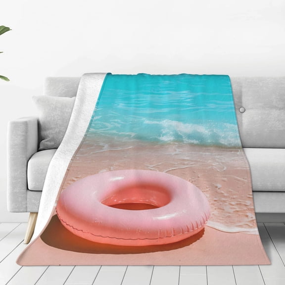 Rateoe Pink Float Ring On Beach Print Fuzzy Fleece Throw Blanket Extra Large,Super Soft,Fluffy and Warm Blankets for Couch,Bed,All Season Use (50"x40")