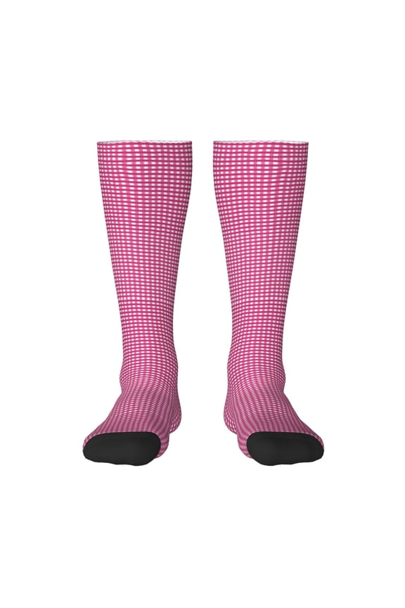 Pink Gingham Pattern Women’s Knee High Crew Socks,Trouser Socks Comfortable, Breathable, Moisture-Wicking and Soft