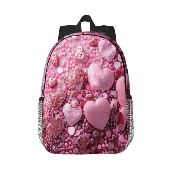 Rateoe Pink Glitter Heart Candy Pattern Student Backpack Water-resistant Backpack 15-inch Laptop Backpack Lightweight Adjustable School Backpack