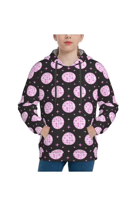 Pink Groovy Disco Ball Pattern Boys Hoodie, Youth Pullover Hooded Sweatshirt, Kangaroo Pocket Hoodie for Kids-Medium