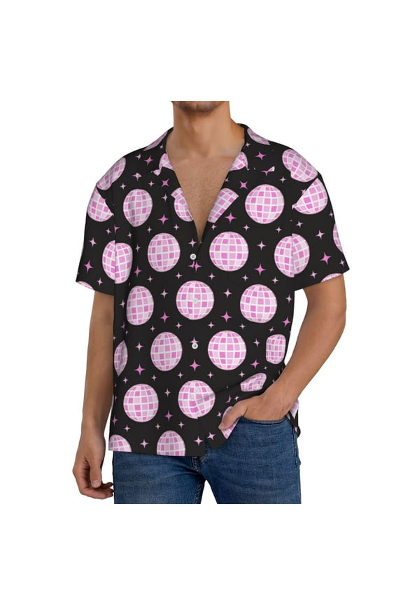 Pink Groovy Disco Ball Pattern Men's Short Sleeve Classic Shirt, Casual Short-Sleeved Shirt, Lightweight Summer Shirt, Cuban Collar Shirt,Button-Front Shirt-Medium