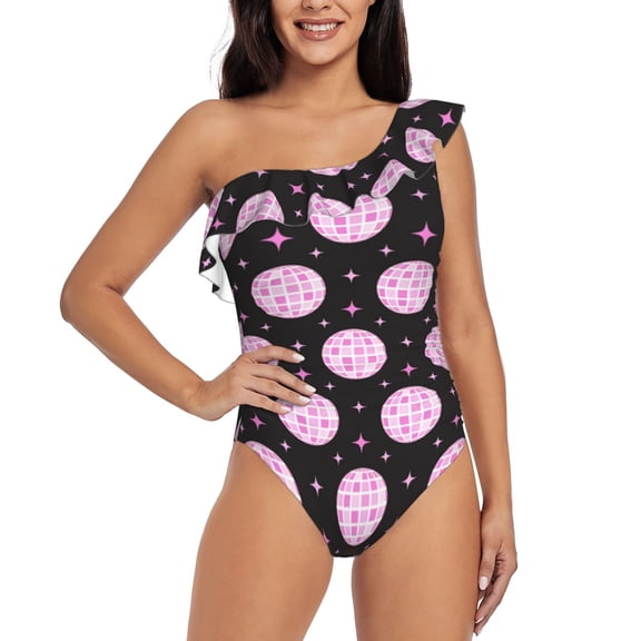 Rateoe Pink Groovy Disco Ball Pattern Women One Piece Swimsuits Tummy Control One Shoulder Bathing Suits Ruffle Swimwear-Small