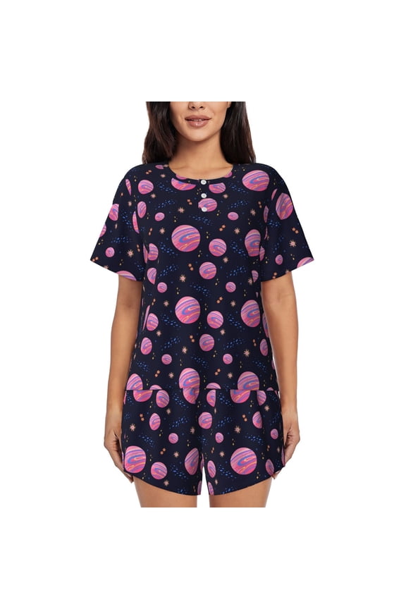 Pink Planets And Stars for 2 Piece Short Sleeves Pajama Sets Casual Lounge Sleepwear Ladies Pjs Sets with Pocket-3X-Large