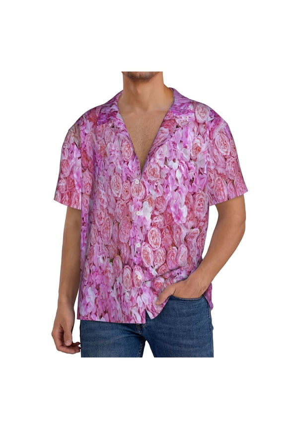 Pink Roses Pattern Men's Short Sleeve Classic Shirt, Casual Short-Sleeved Shirt, Lightweight Summer Shirt, Cuban Collar Shirt,Button-Front Shirt-Medium