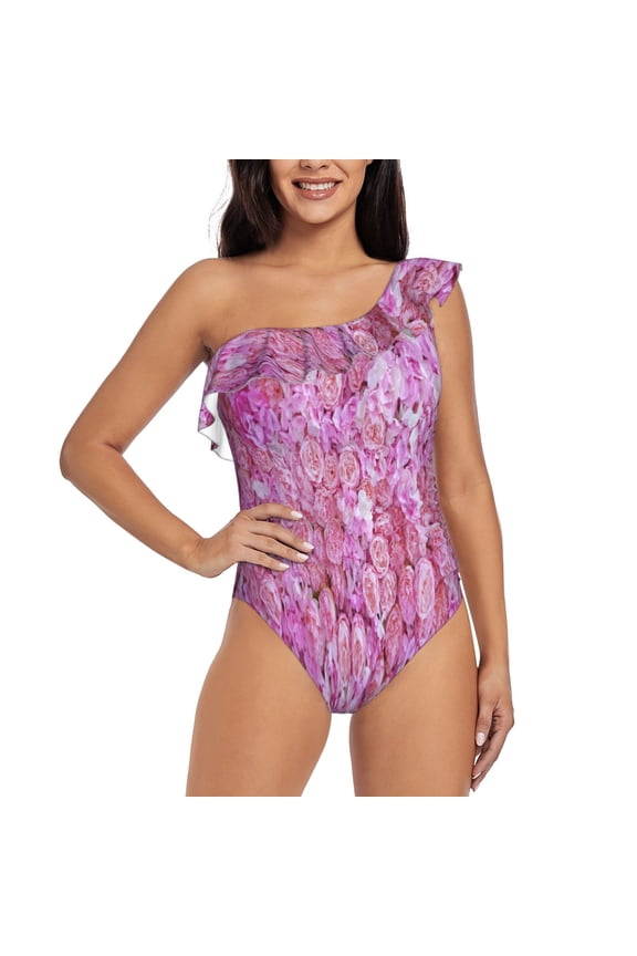 Pink Roses Pattern Women One Piece Swimsuits Tummy Control One Shoulder Bathing Suits Ruffle Swimwear-