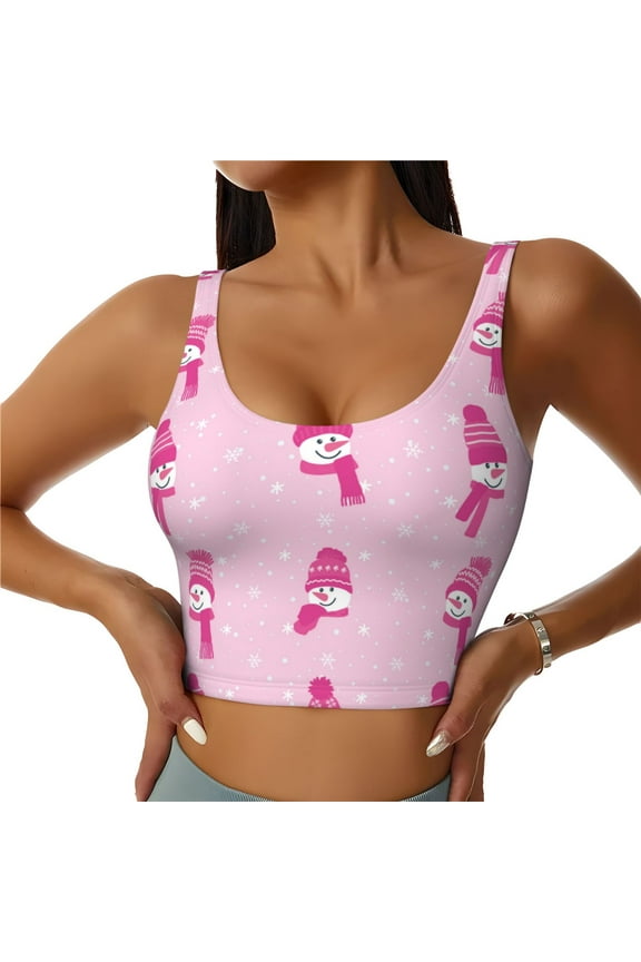 Pink Scarf Snowman Print Womens' Sports Bras Scoop Neck Sports Vest- Padded U Back Seamless High Impact Support-Medium