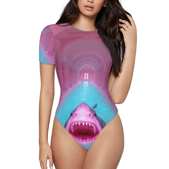 Rateoe Pink Shark Pool Fantasy Printed Women Rash Guard Short Sleeve,Tummy control Swimsuit Surfing Swimsuit Bathing Suit Short-sleeved Onesie UPF 50+ -