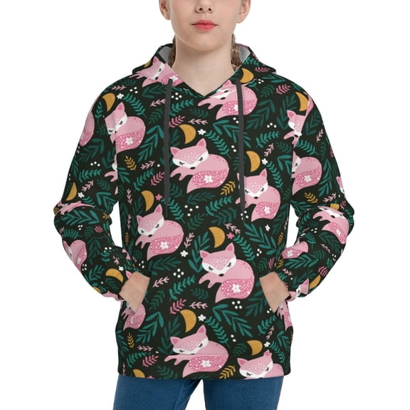 Rateoe Pink Sleeping Fox Pattern Boys Hoodie, Youth Pullover Hooded Sweatshirt, Kangaroo Pocket Hoodie for Kids-Large