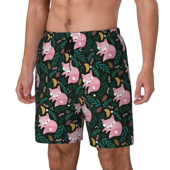 Rateoe Pink Sleeping Fox Pattern Men’s Swim Shorts with Compression Liner – Double-Layered Quick-Dry Swimwear, Comfortable & Stretchy Beach Shorts-Small