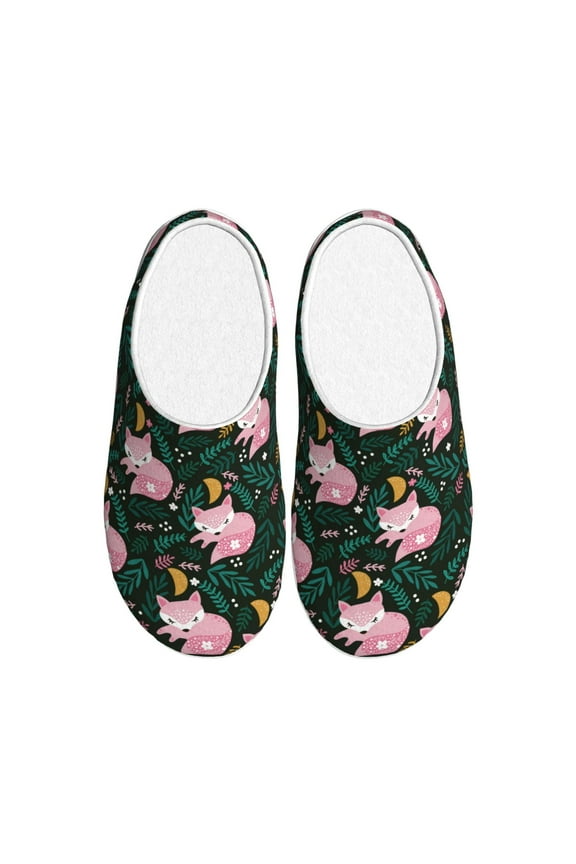 Pink Sleeping Fox Print Women's Men's Cotton Knit Slippers Lightweight Memory Foam Indoor House Shoes with Anti-Skid Sole-46/47