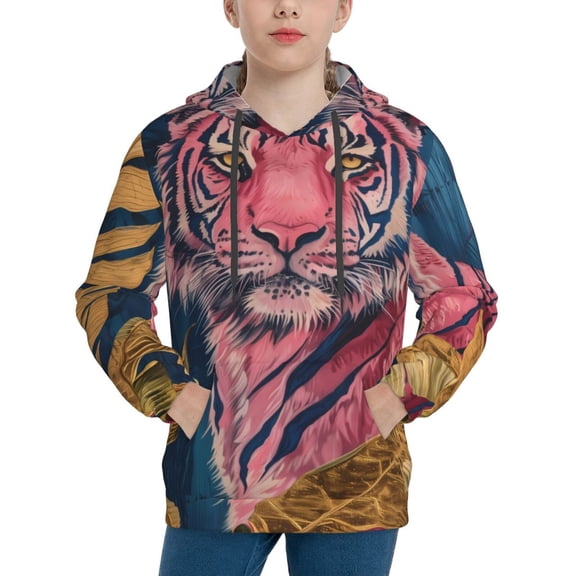 Rateoe Pink Tiger Gold Leaves Pattern Boys Hoodie, Youth Pullover Hooded Sweatshirt, Kangaroo Pocket Hoodie for Kids-X-Large