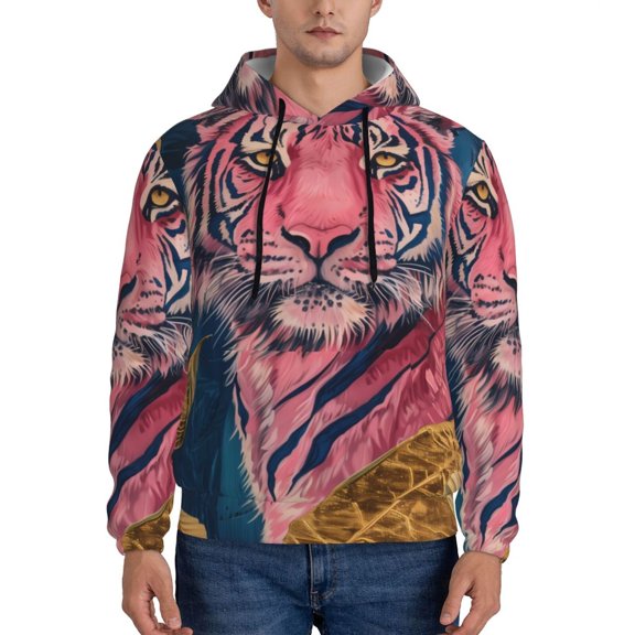 Rateoe Pink Tiger Gold Leaves Pattern Mens Hoodie, Pullover Hooded Sweatshirt, Kangaroo Pocket Hoodie Ideal for Daily Wear, Travel and Home-XX-Large