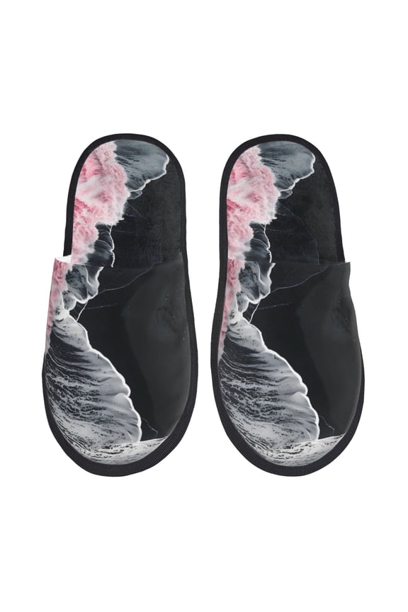 Pink White Ocean Waves Pattern Fuzzy Slippers Fuzzy Soft House Slippers Plush Furry Warm Cozy Open Toe Fluffy Home Shoes-Large