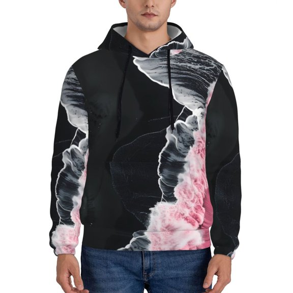 Rateoe Pink White Ocean Waves Pattern Mens Hoodie, Pullover Hooded Sweatshirt, Kangaroo Pocket Hoodie Ideal for Daily Wear, Travel and Home-3X-Large