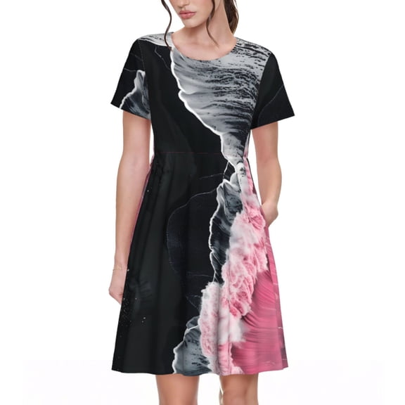 Rateoe Pink White Ocean Waves Pattern Women’s Short Sleeve Dress – Casual Elegant Summer A-Line Dress for Everyday Wear