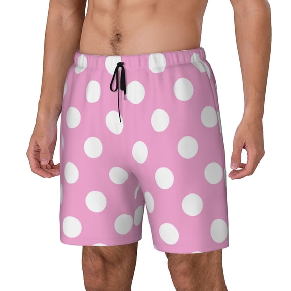 Rateoe Pink And White Polka Dot Pattern Men’s Swim Shorts with Compression Liner – Double-Layered Quick-Dry Swimwear, Comfortable & Stretchy Beach Shorts-XX-Large