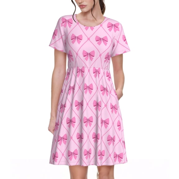 Rateoe Pink bows Pattern Women’s Short Sleeve Dress – Casual Elegant Summer A-Line Dress for Everyday Wear