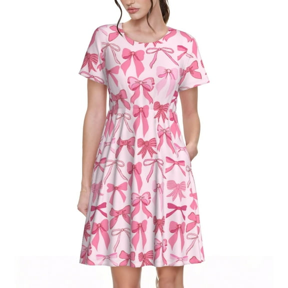 Rateoe Pink bows Pattern Women’s Short Sleeve Dress – Casual Elegant Summer A-Line Dress for Everyday Wear