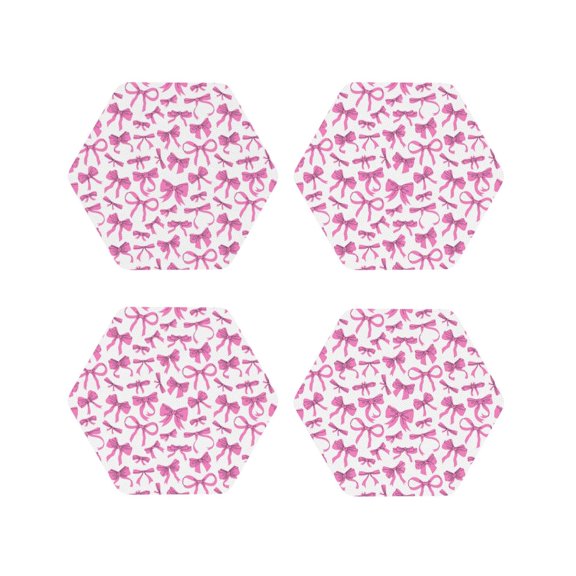 Rateoe Pink bows Printed Drink Coasters Set of 4 Leather Coasters Spill Protection for Table Desk,Durable and Non Slip Leather Coaster ,4 Inches Drink Mats-Hexagon