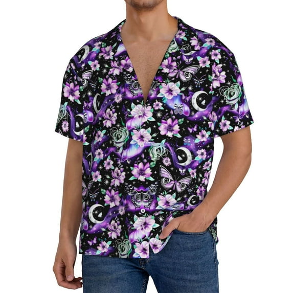 Rateoe Pink purple rainbow flower butterfly Pattern Men's Short Sleeve Classic Shirt, Casual Short-Sleeved Shirt, Lightweight Summer Shirt, Cuban Collar Shirt,Button-Front Shirt-Small