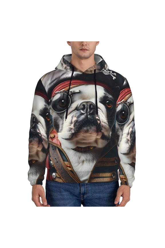 Pirate Bulldog On Deck Pattern Mens Hoodie, Pullover Hooded Sweatshirt, Kangaroo Pocket Hoodie Ideal for Daily Wear, Travel and Home-Large