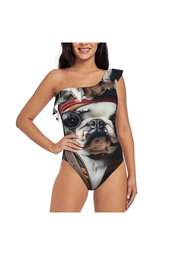 Pirate Bulldog On Deck Pattern Women One Piece Swimsuits Tummy Control One Shoulder Bathing Suits Ruffle Swimwear-X-Large