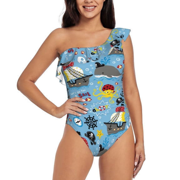 Rateoe Pirate Marine Animals Pattern Women One Piece Swimsuits Tummy Control One Shoulder Bathing Suits Ruffle Swimwear-Large