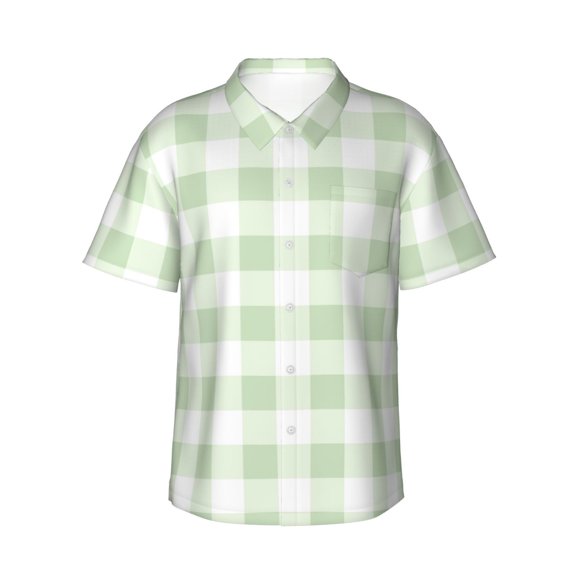 Rateoe Pistachio Green Checkboard Pattern Men’s Hawaiian Shirt – Short Sleeve Button-Down Tropical Beach Shirt, Lightweight & Breathable Casual Aloha Shirt with Pocket,
