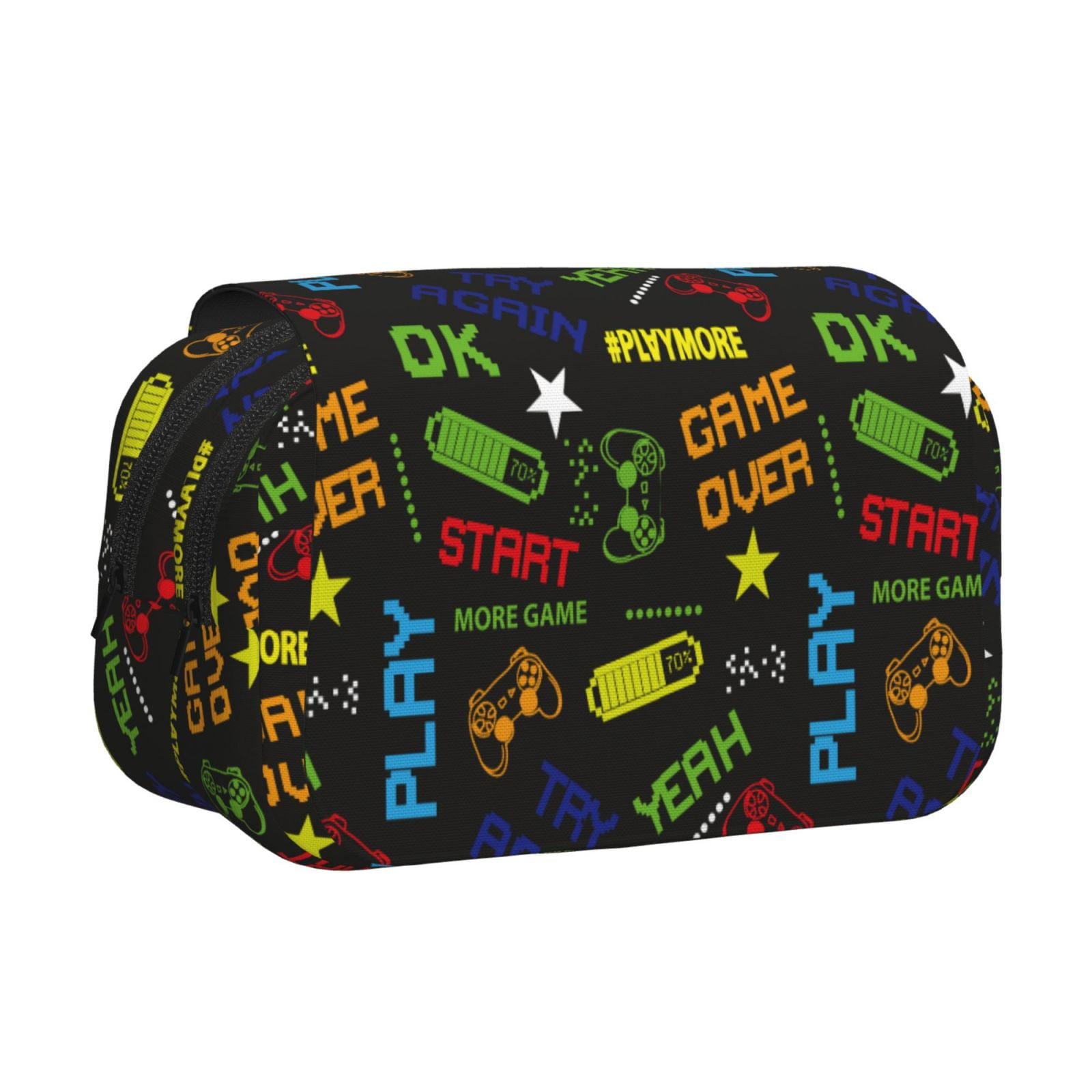 Rateoe Pixel Game Pattern Double Clamshell Pen Case, Storage Organizer with Two Zipper Compartments– Holds Up to 50 Pencils & Pens