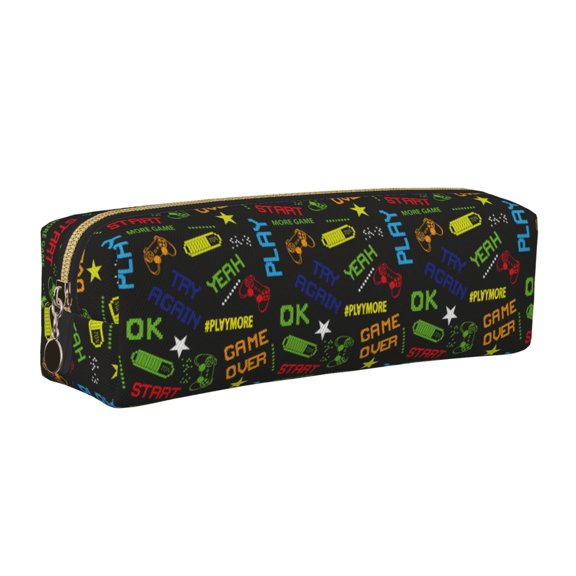 Rateoe Pixel Game Print Leather Pencil Case with Smooth Zipper, Compact Storage for Writing Tools & Art Supplies, 8.26" x 1.96" x 2.16"