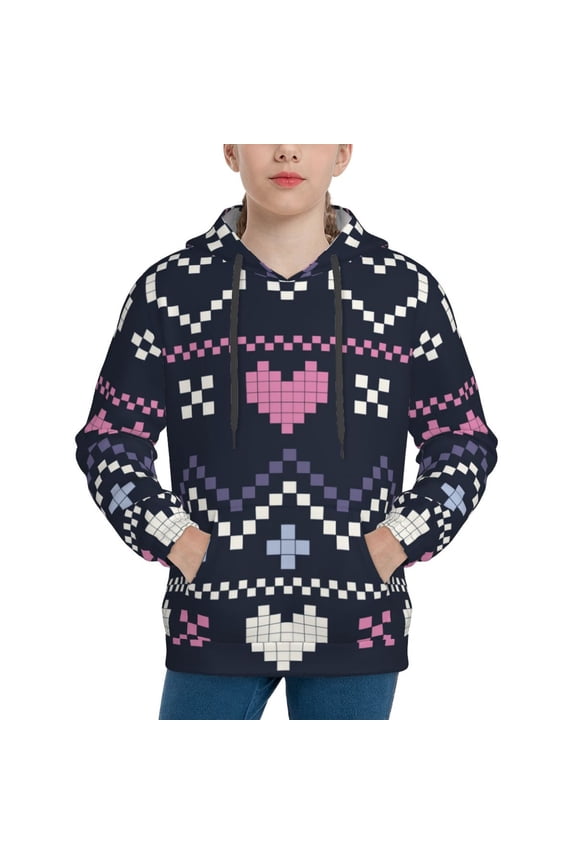 Pixel Heart Winter Pattern Boys Hoodie, Youth Pullover Hooded Sweatshirt, Kangaroo Pocket Hoodie for Kids-Medium