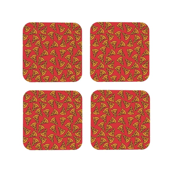Rateoe Pizza Cartoon Drawing Drink Coasters Set of 4 Leather Coasters Spill Protection for Table Desk,Durable and Non Slip Leather Coaster ,4 Inches Drink Mats-Square