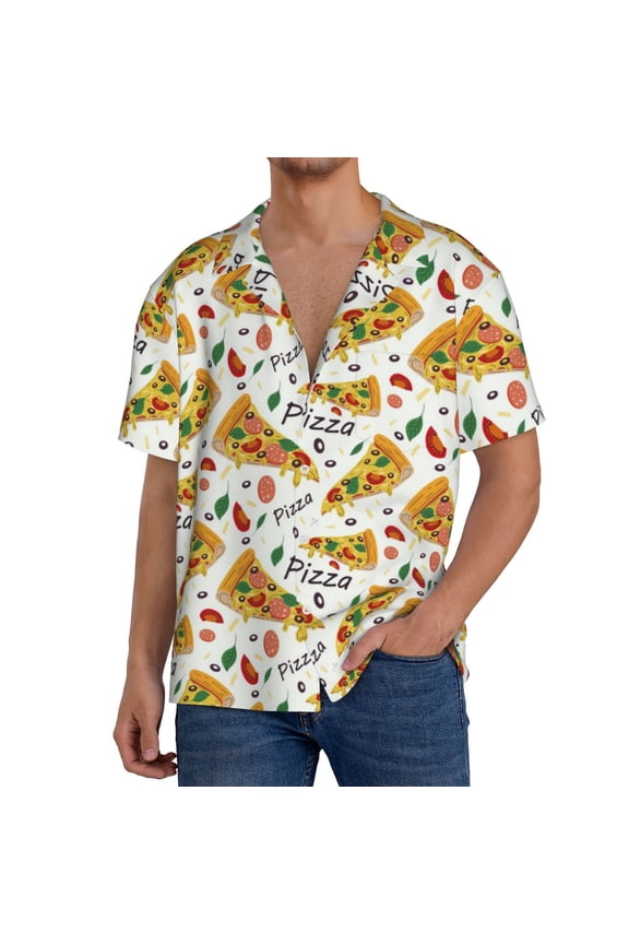 Pizza Slices Pattern Men's Short Sleeve Classic Shirt, Casual Short-Sleeved Shirt, Lightweight Summer Shirt, Cuban Collar Shirt,Button-Front Shirt-XX-Large