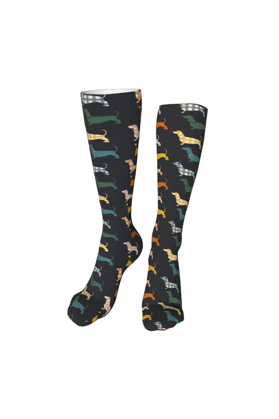 Plaid Dachshund print Women's Men's Novelty 20in Crew Socks Cotton Socks Knee High Socks for Walking,Running,Nurses,Pregnancy-One Size