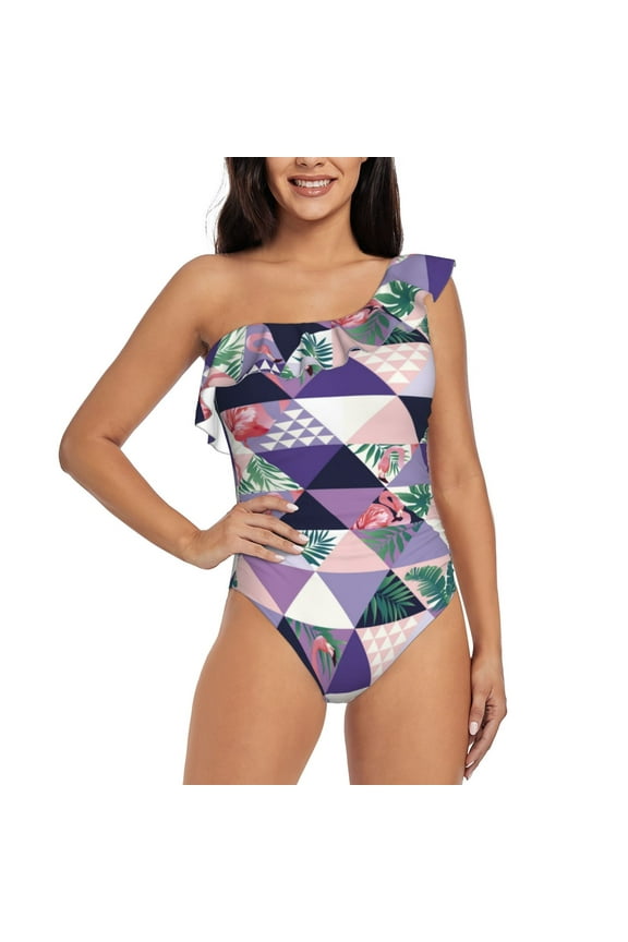 Plaid Flamingo Pattern Women One Piece Swimsuits Tummy Control One Shoulder Bathing Suits Ruffle Swimwear-